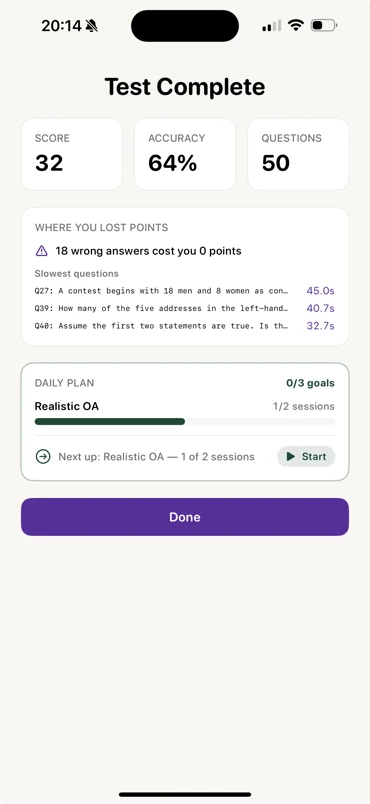 TradeMind results view showing score, accuracy, and where points were lost