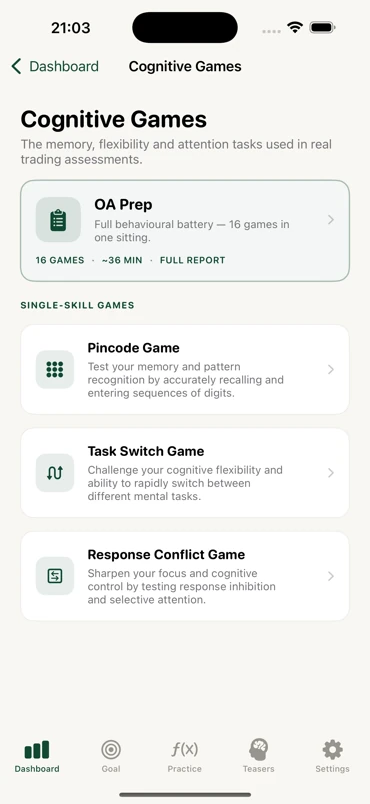 TradeMind Cognitive Games module: an OA Prep full battery of 16 games in about 36 minutes, plus single-skill Pincode, Task Switch and Response Conflict games